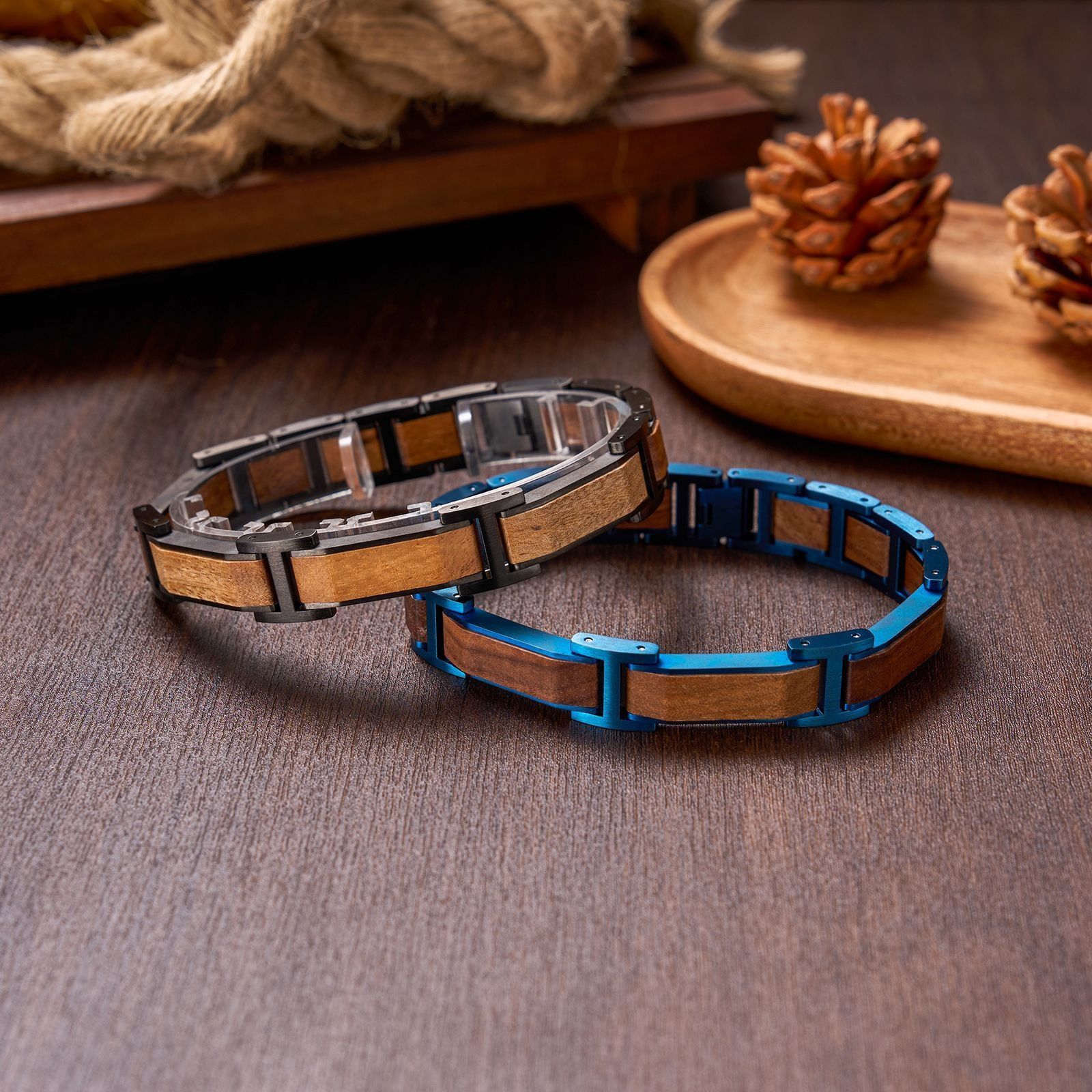 SSP274 天然オリーブウッド × タングステン メンズブレスレット｜手作り バングル 220mm 約51g｜青 黒 手作り ハンドメイド おしゃれ プレゼント ギフト シンプル 大人 男性用 ジュエリー プレゼント WWW_SHINETEETH_COM