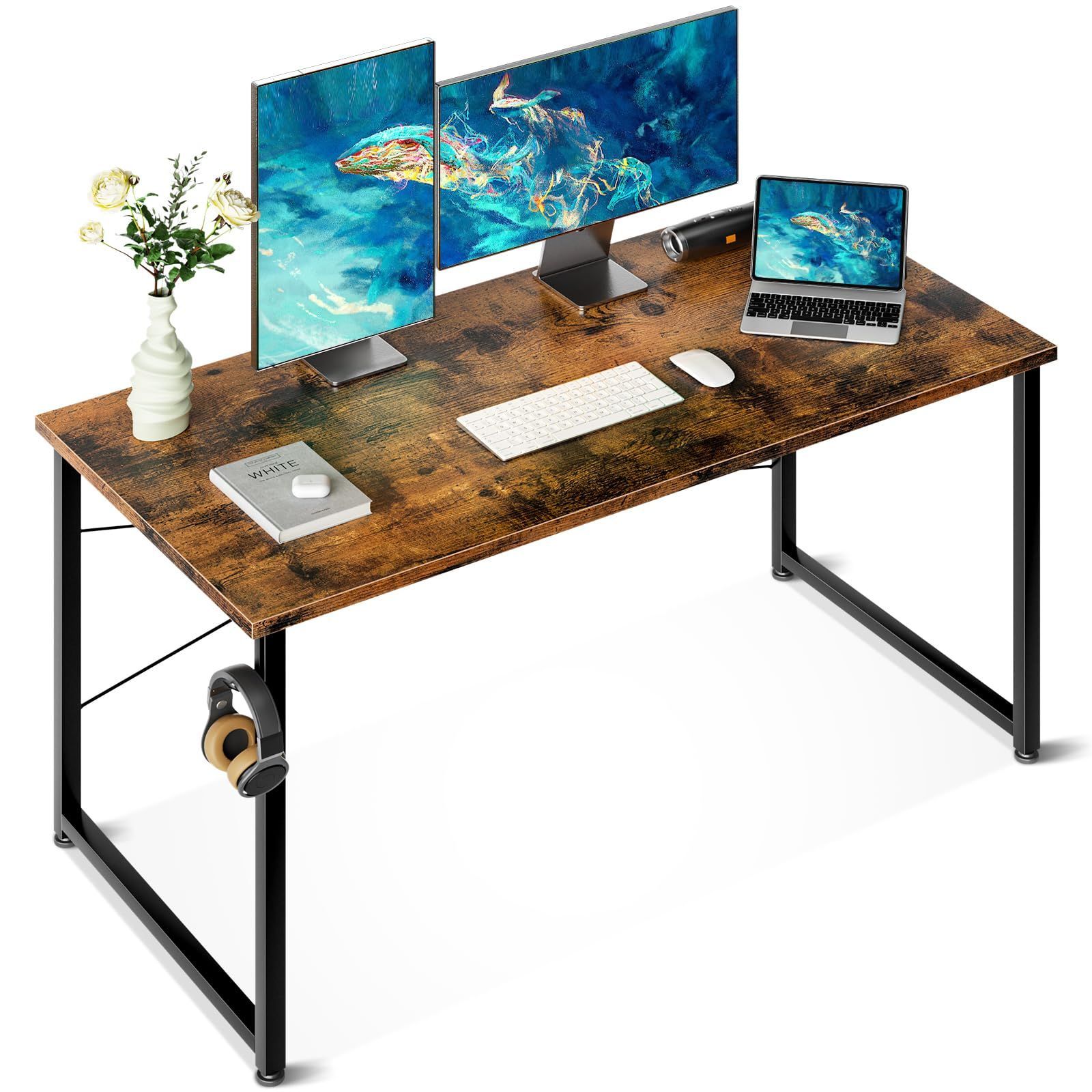 在庫 ODK デスク ゲーミングデスク 机 pcデスク 幅120cm パソコンデスク 子 ゲームデスク computer desk オフィスデスク 学習机 シンプル コンパクト フック付き 在宅ワーク おしゃれ 組立簡単 ビンテージ