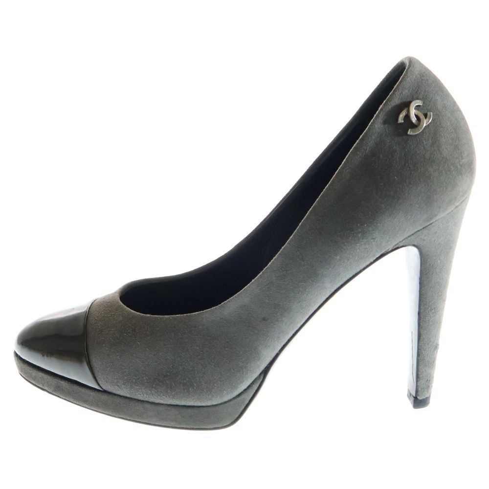 CHANEL シャネル ココマーク ロゴプレート パテント スウェード コンビレザー ヒール パンプス シューズ グレー ブラック レディース