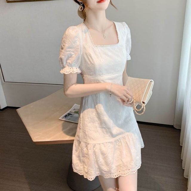 タイトワンピース ワンピース 膝丈 ひざ丈 袖あり 半袖 パフスリーブ