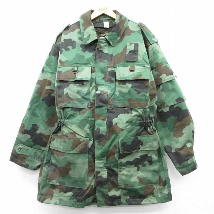 XL/古着 長袖 ミリタリー ジャケット メンズ 90s ユーゴスラビア軍 ロング丈 緑 グリーン 迷彩 内側ボア 25jan28 中古 アウター フライト