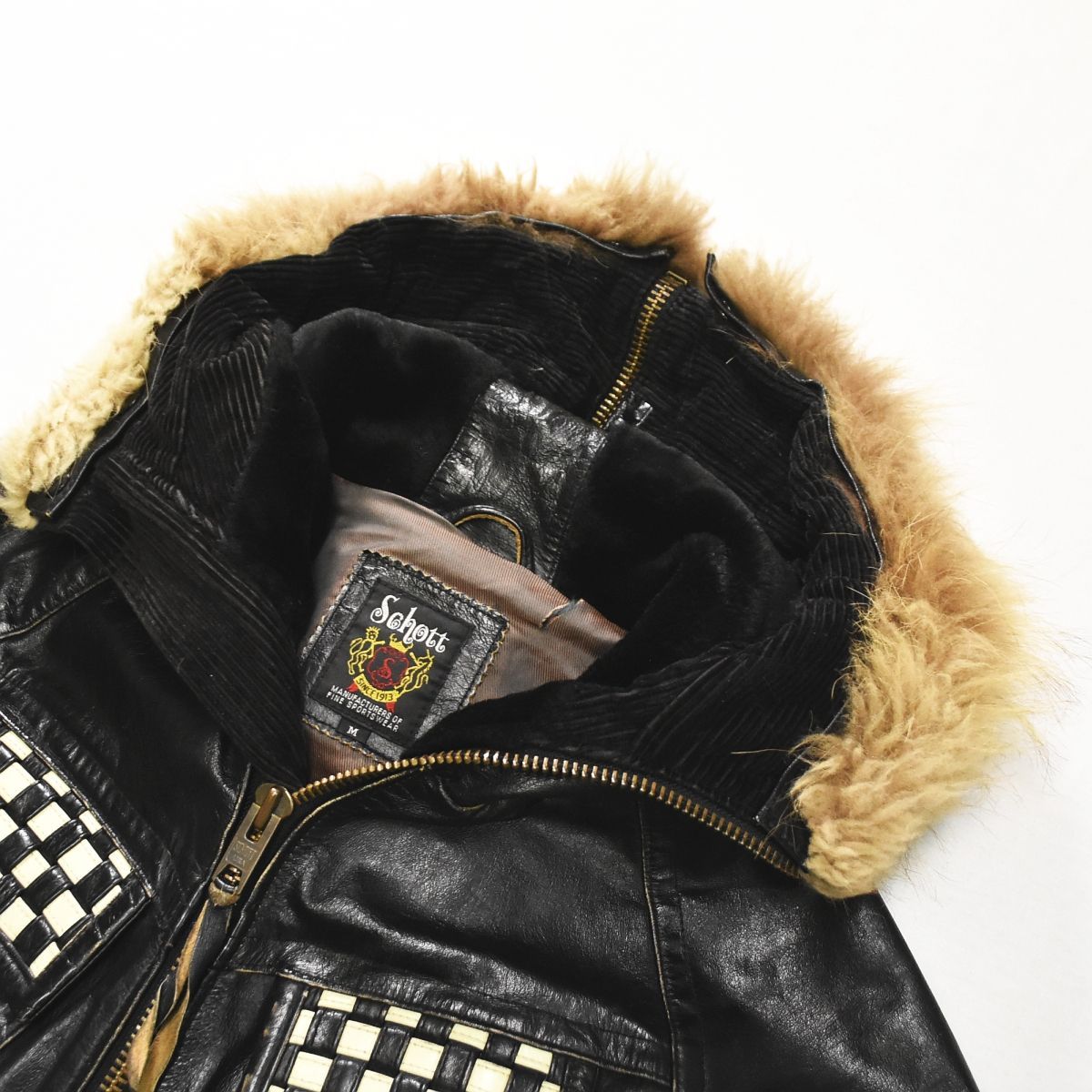 希少デザイン】 ショット Schott エンブレムタグ フードファー レザー 