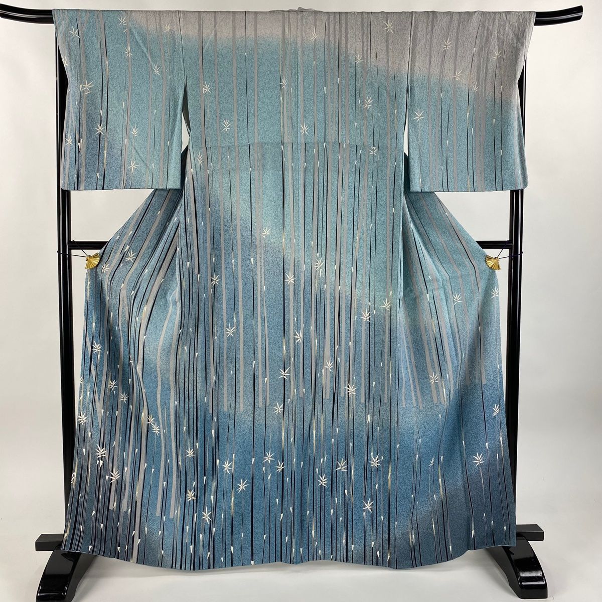 訪問着 身丈165cm 裄丈68cm L 袷 竹 笹 箔 染め分け 青灰色 正絹 秀品