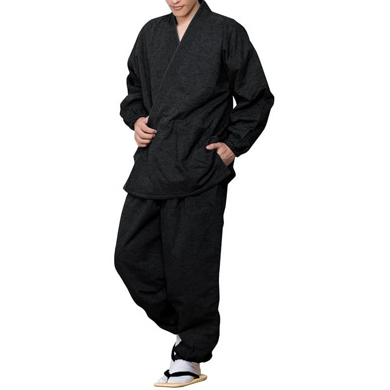 キョウエツ 作務衣 冬用 中綿入り 紬風生地 フリース裏地 16 メンズ 3L 黒