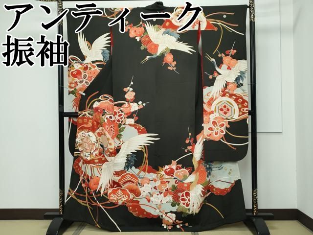 平和屋着物○アンティーク 大正ロマン 刺繍 花尽し 黒地 金彩 正絹