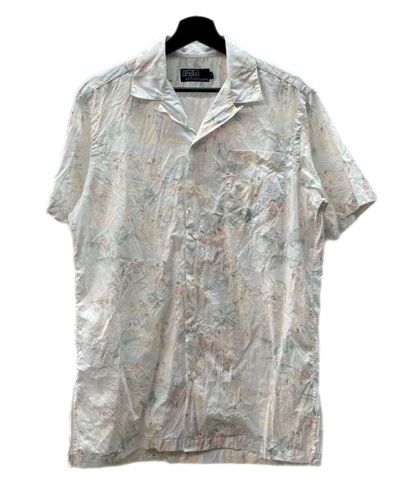 ラルフローレン RalphLauren OPEN COLLAR SHIRT オープン シャツ アロハ ハワイアン プリント 半袖 開襟 白 半袖シャツ 総柄 ホワイト Mサイズ 104MT-1514