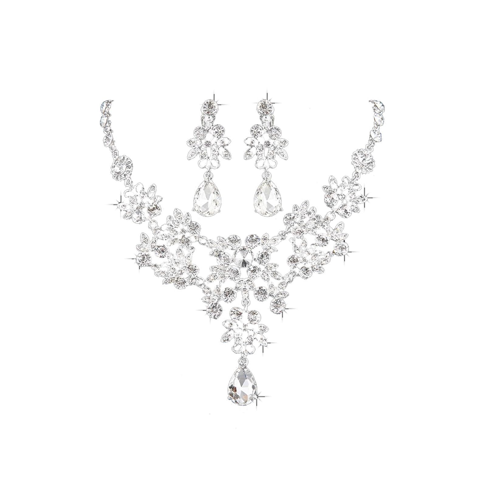 セット ピアス 2点セット ラインストーン クリスタル レディース ネックレス 結婚式 パーティー 発表会 花嫁 Coollooda プレゼント シルバー