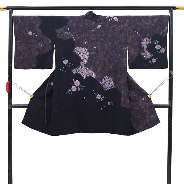 道中着 コート リサイクル 正絹 袷 絵羽 辻が花 絞り 手染め 黒紫 深紫 上 カジュアル 春 秋 冬 道中着コート 仕立て上がり 身丈103 裄丈67.5 M~Lサイズ ハオリモノ みやがわ sb16497