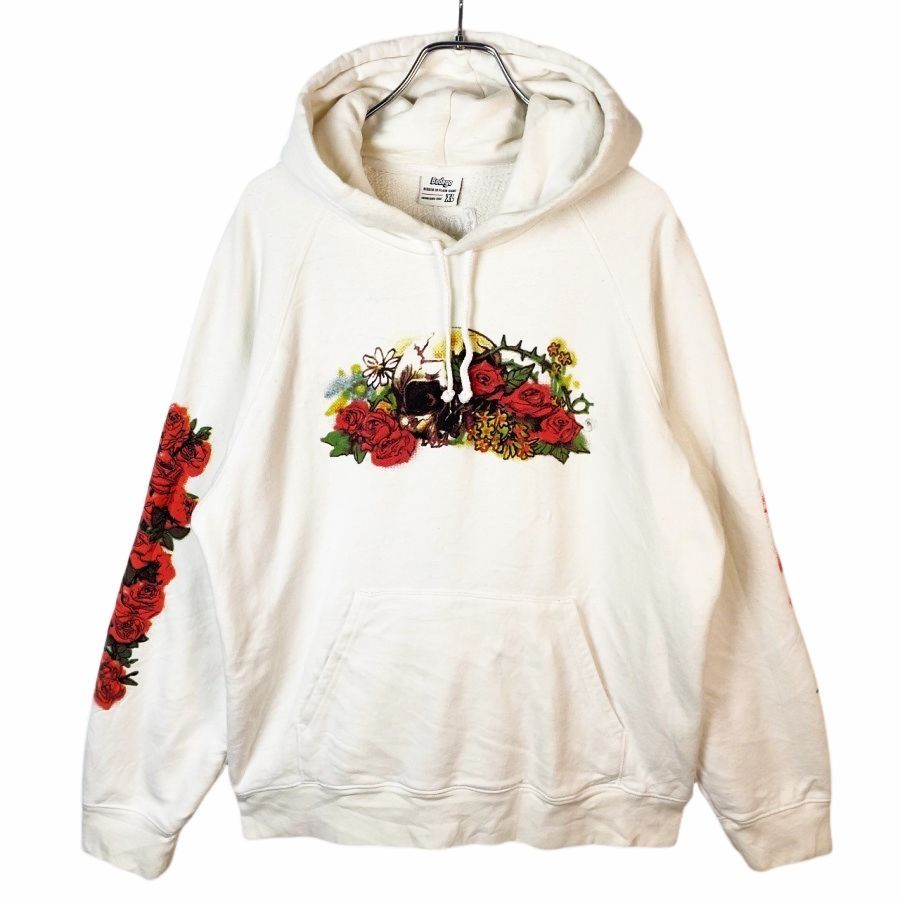 USA製Bodegaプルオーバーパーカーラグランフーディ両面プリント袖プリントロゴ刺繍バラ薔薇どくろ骸骨ホワイト白レッド赤vintageヴィンテージ41227