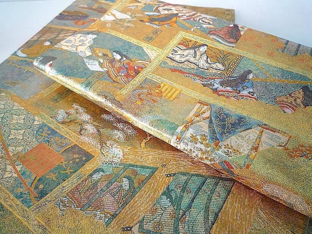 C829厳選西陣　西陣あさぎ　全通全景図　源氏物語五十四帖　高級正絹美術袋帯 C829厳選西陣 西陣あさぎ 全通全景図 源氏物語五十四帖 高級