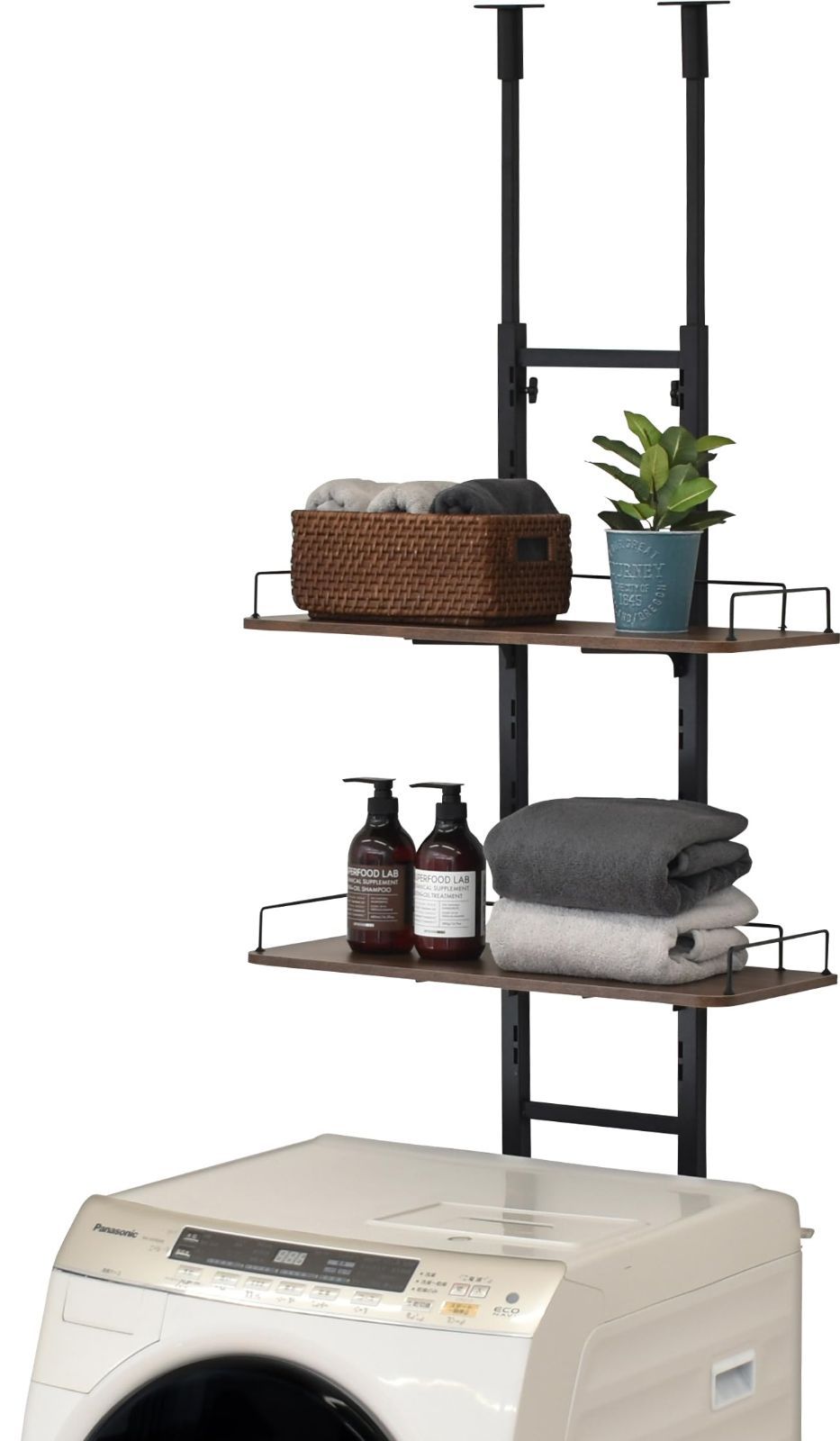 ブラック×ウォールナット LSH-T200BW 突っ張りタイプ 棚2段 棚付きランドリーラック ekans エカンズ