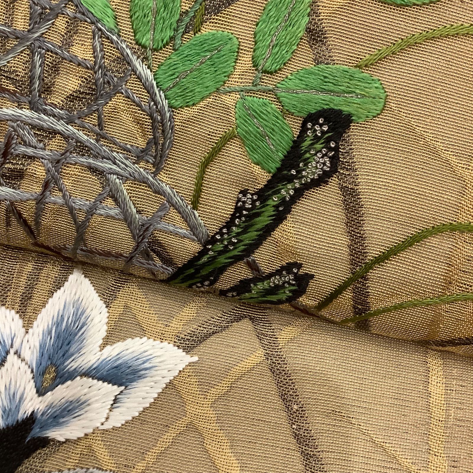 アンティーク♪絽の夏帯〜名古屋帯 青 秋草 刺繍 アンティーク♪絽の夏