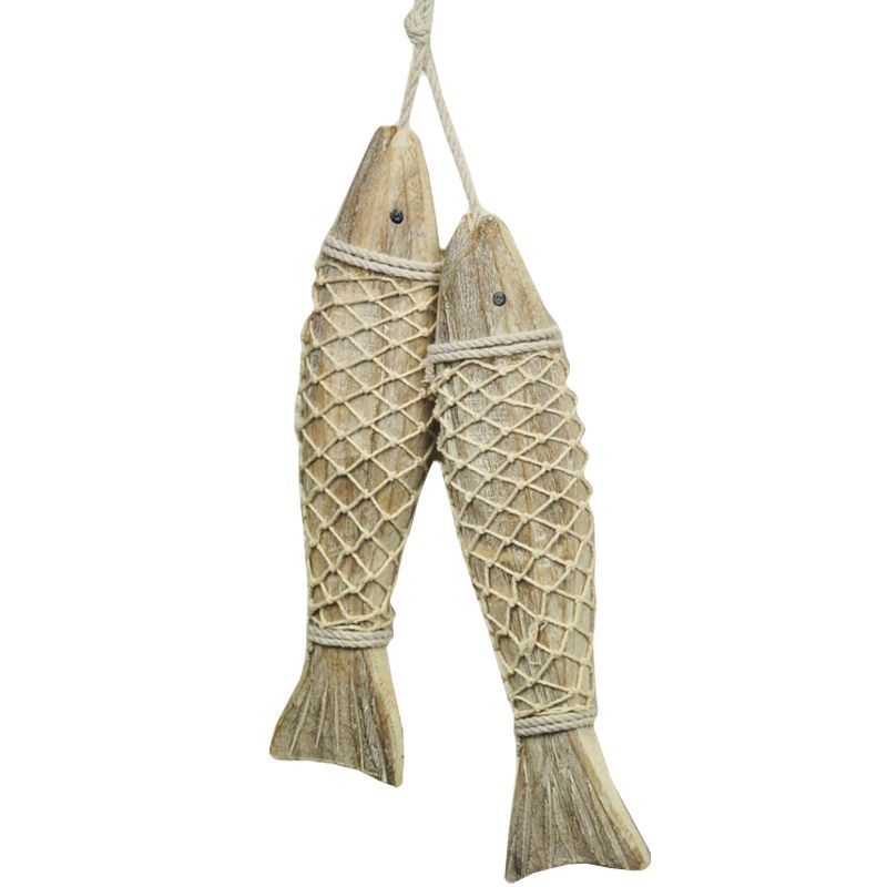 壁掛けオブジェ 2匹のお魚 網 マリン風 木製 (ナチュラル， 大サイズ)