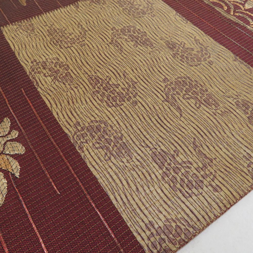 袋帯 草木染倭紙 金糸 市松に花兎文様 六通柄 エンジ色x多色 正絹