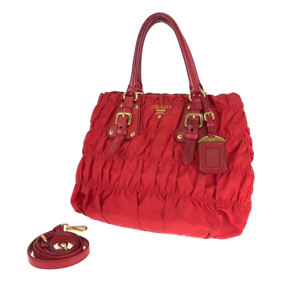美品 PRADA プラダ テスート ゴーフル ギャザー レッド 赤 ゴールド 