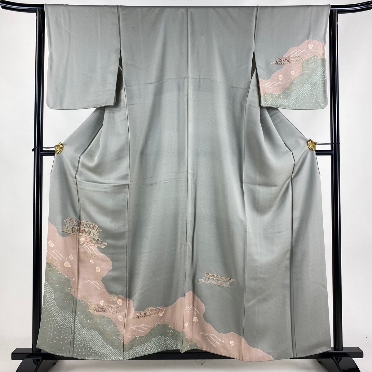 訪問着 身丈158cm 裄丈63.5cm S 袷 華文 道長取り 刺繍 絞り 灰色 正絹 秀品