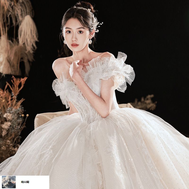 送料無料 一字肩×復古エレガンス 感あふれるドラマティックトレーン 主役を飾るウェディングドレス-8.14LYC680夏の新生活