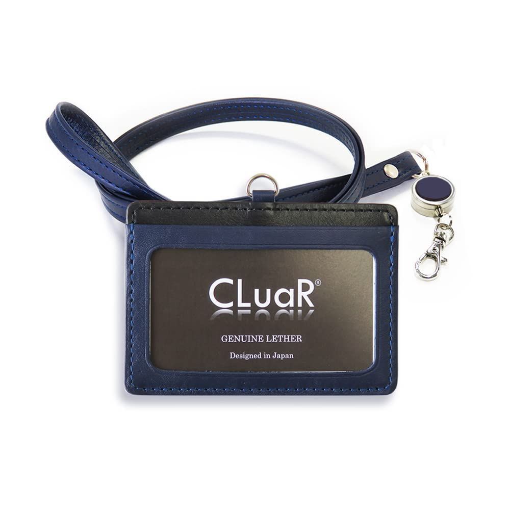 Color 02.ネイビー×ブラック シールアル リール付きIDカードホルダー ID カードケース 本革 革 レザー ネックストラップ フィルム取替可 横型 社員証 ケース 02.ネイビー×ブラック