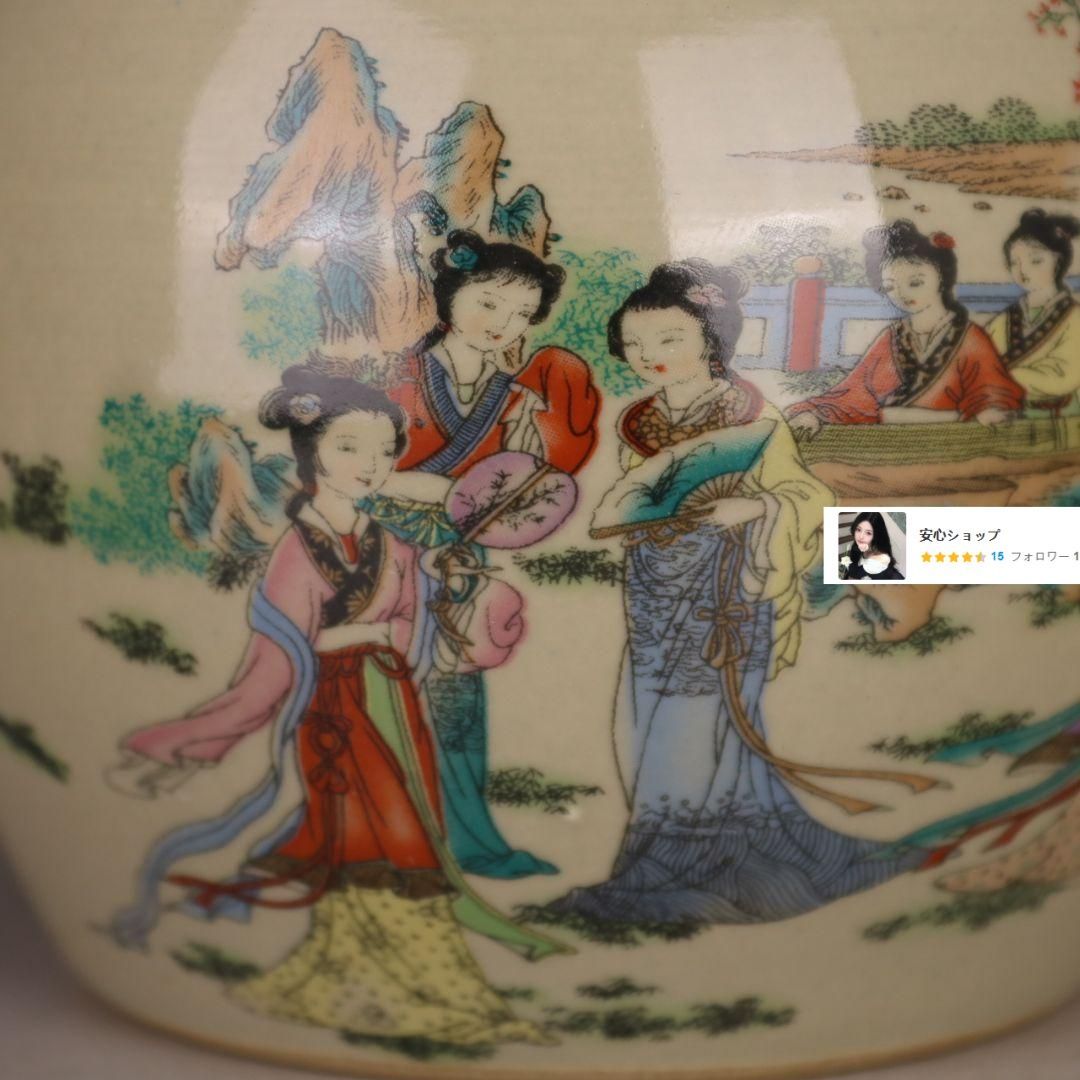 粉彩豆青釉十二金釵蓋缶 茶缶 茶道具 現代工芸品 美術品 置物
