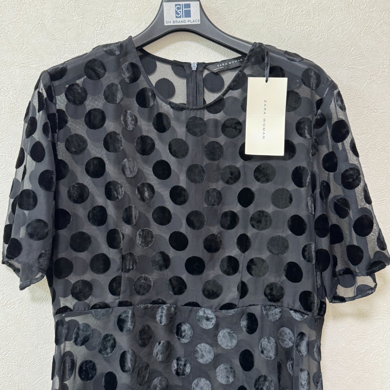 ZARA ザラウーマン シアーワンピース シースルーアシメトリー L 水玉 ブラック 黒 お出かけ レディース 女性 お呼ばれ