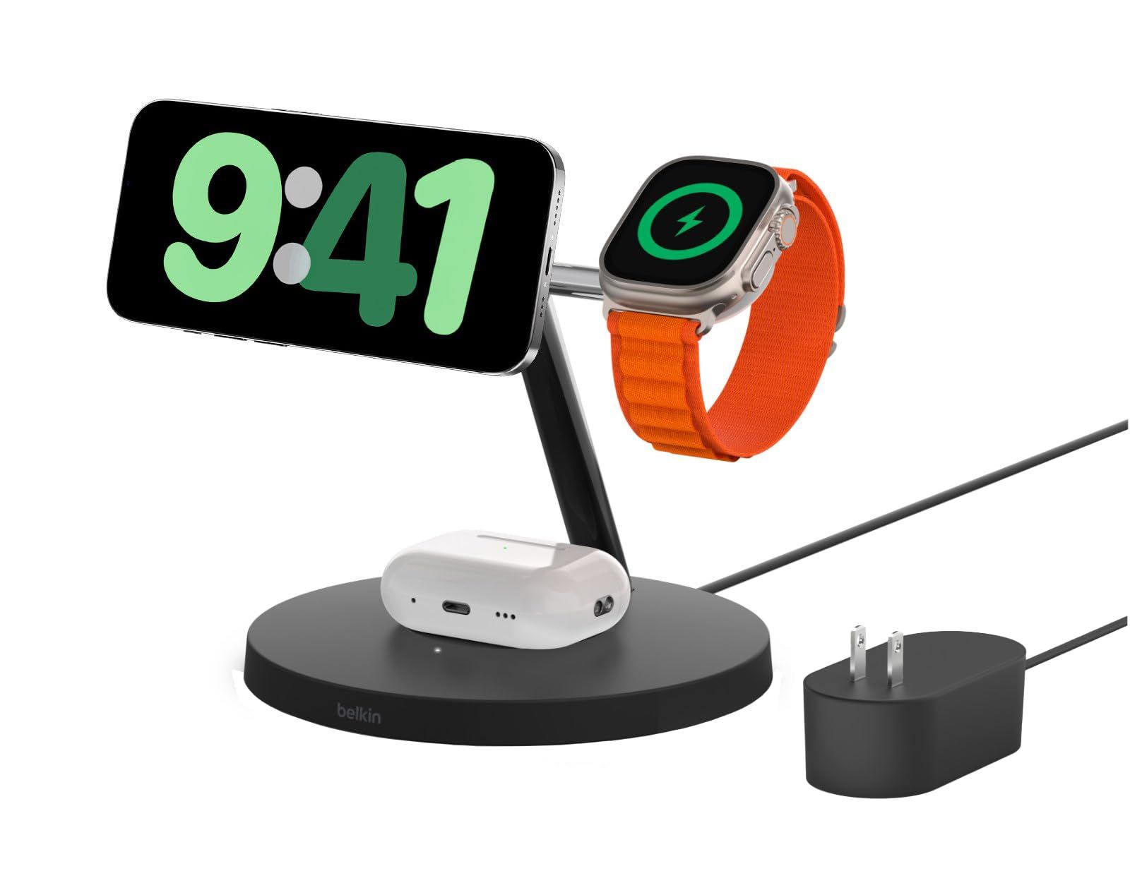 Belkin 3 in 1 MagSafe充電器 最大15W高速充電 ワイヤレス充電器 MagSafe公式認証 iPhone 15 | 14 | 13 | 12 Apple Watch 8|7|Ultra 高速充電対応 AirPodsワイヤレス充 ブラック