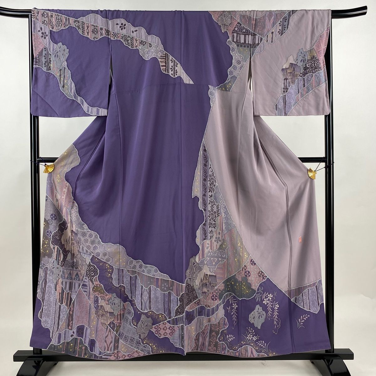 訪問着 身丈156.5cm 裄丈66.5cm M 袷 落款 建物 草花 絞り 金彩 紫 正絹 名品