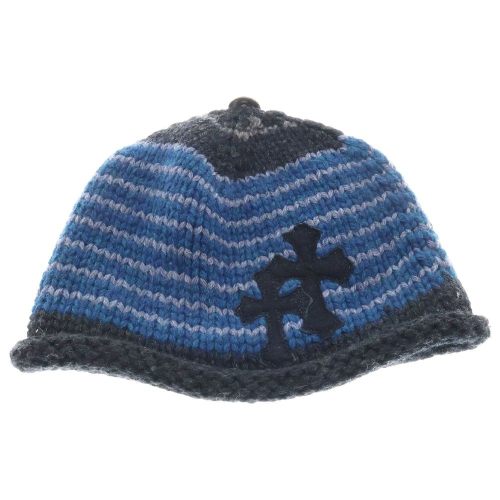 CHROME HEARTS (クロムハーツ) BEANIE CASH ビーニー クロスボタン付き クロスパッチ カシミヤニットキャップ ブルー/ブラック