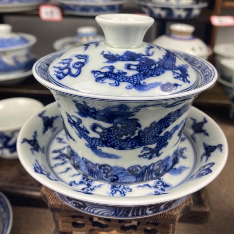 中国茶器 景徳鎮 九龍馬蹄三才蓋碗 茶杯 新品未使用 中国茶 蓋碗