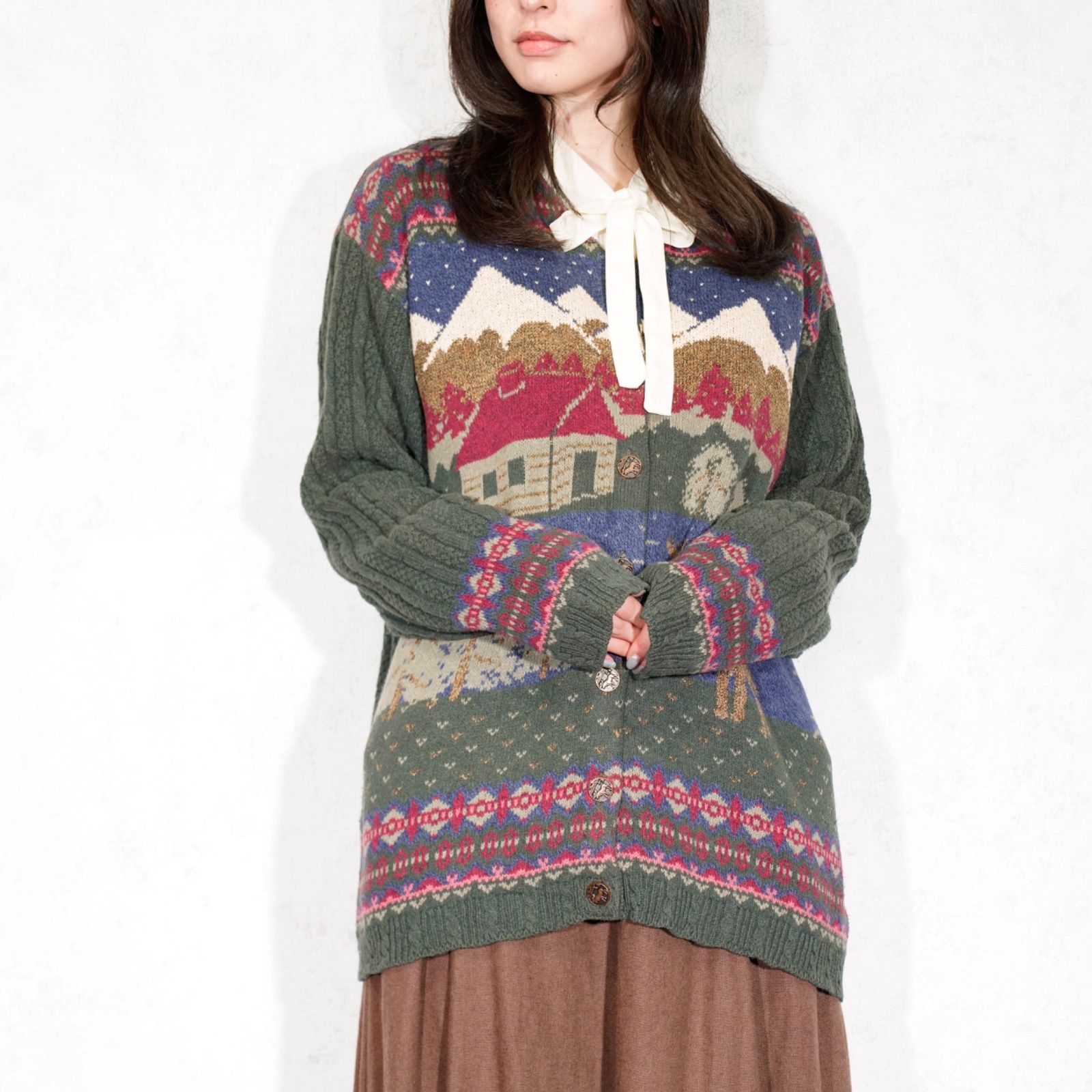 USA VINTAGE Northern Treasures COIN BUTTON PATTERNED DESIGN COTTON KNIT CARDIGAN アメリカ古着コインボタン柄デザインコットンニットカーディガン