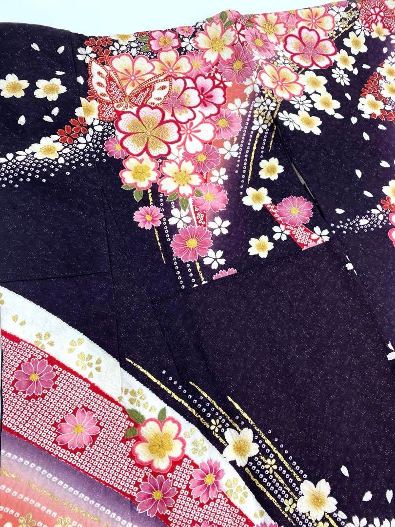 振袖 金駒 金彩 相良刺繍 絞り 銀通し 蝶 桜 身丈159cm 撥水加工済 