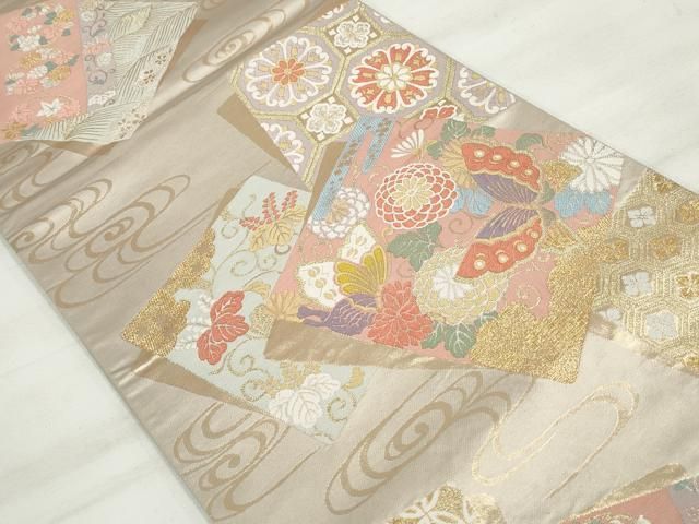 平和屋着物○両面 六通柄袋帯 波衣唐織 幾何学文 正絹