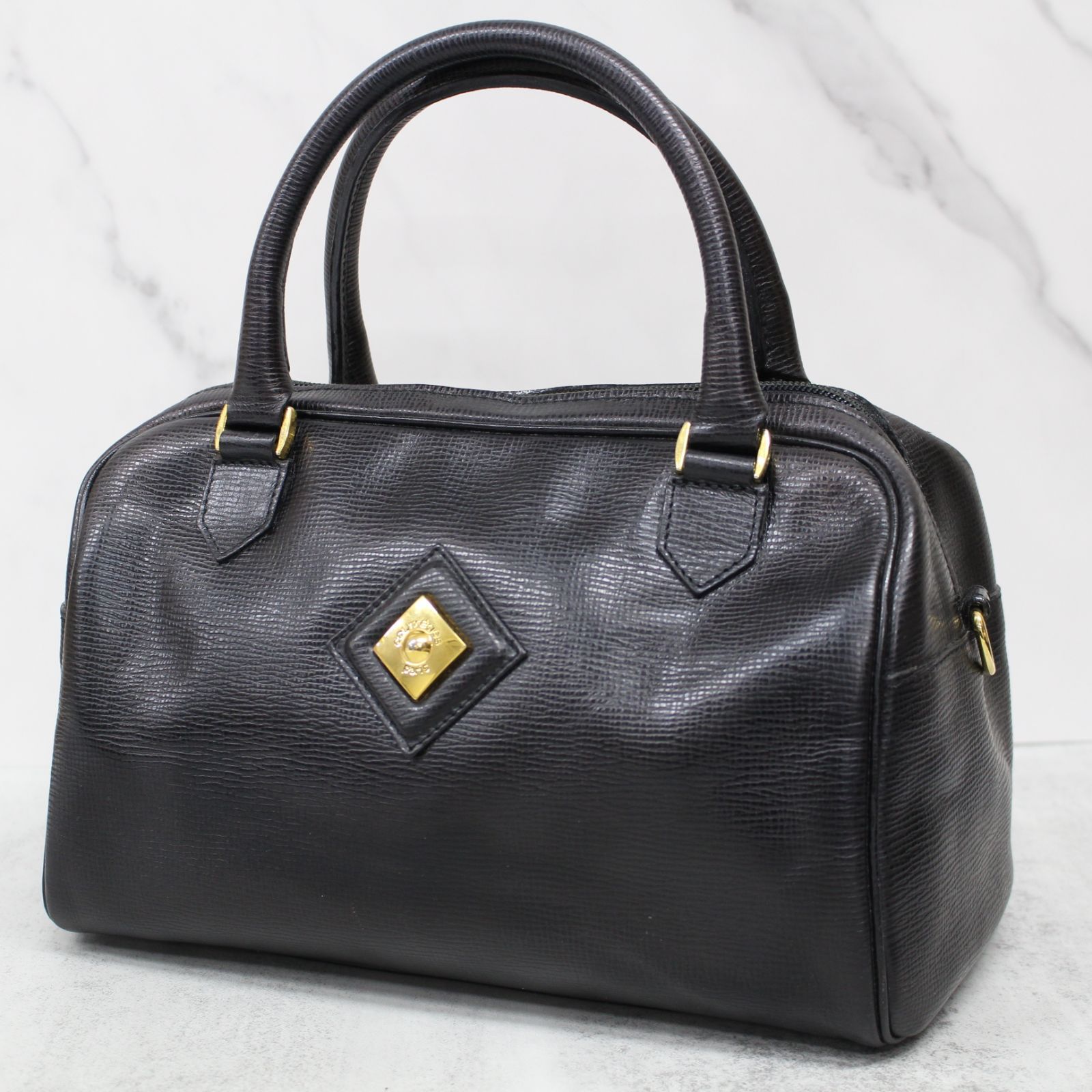 極美品　クレージュ　ミニボストン　ハンドバッグ　ブラック クレージュ ミニボストン ハンドバッグ 腕掛け レザー 黒
