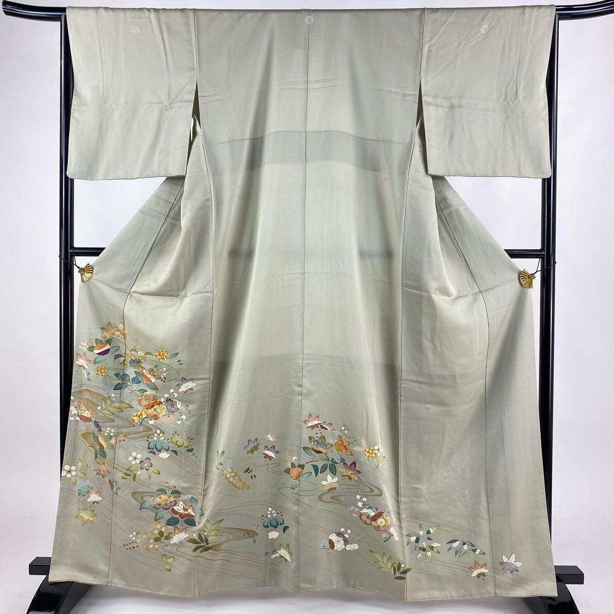色留袖 身丈161.5cm 裄丈64cm M 袷 千總 落款 橘 流水 金糸 金彩 薄緑 正絹 三つ紋