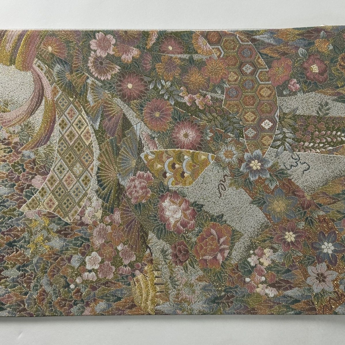 袋帯 美品 秀品 流水 霞 金銀糸 綴織 ベージュ 六通 正絹|中古