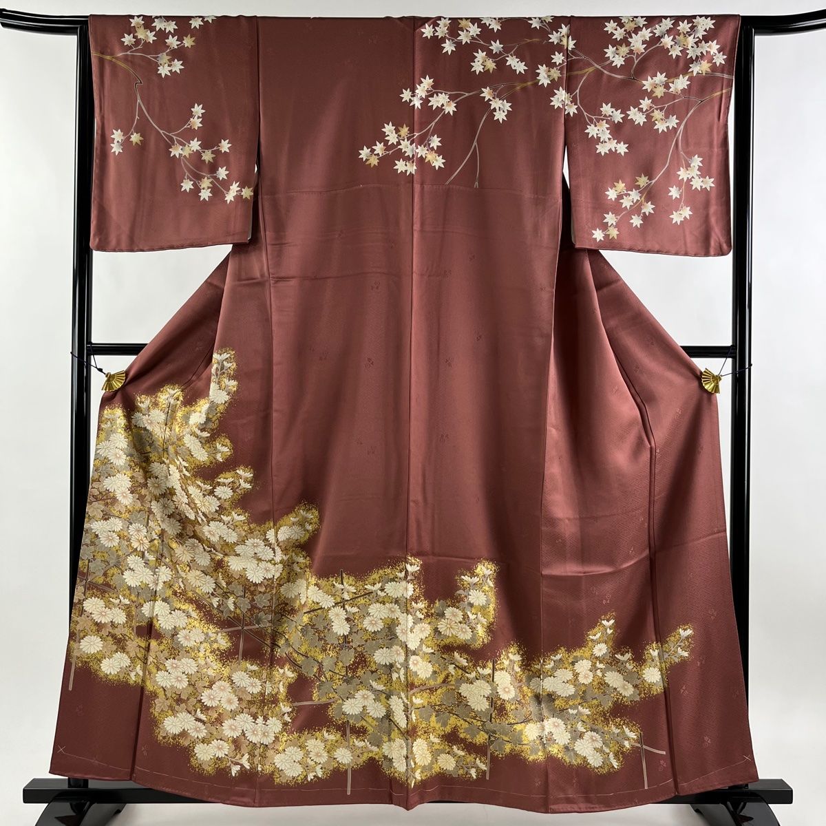 訪問着 身丈159cm 裄丈64.5cm M 袷 菊 楓 金糸 金彩 小豆色 正絹 美品