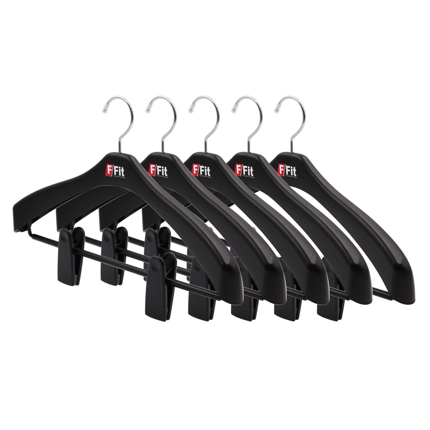 【数量限定】ビッグクリップ付 ジャケットハンガー 回転フック「F-Fit」日本製 5本 42cm ブラック ハンガー シンコハンガー(Shinkohanger)