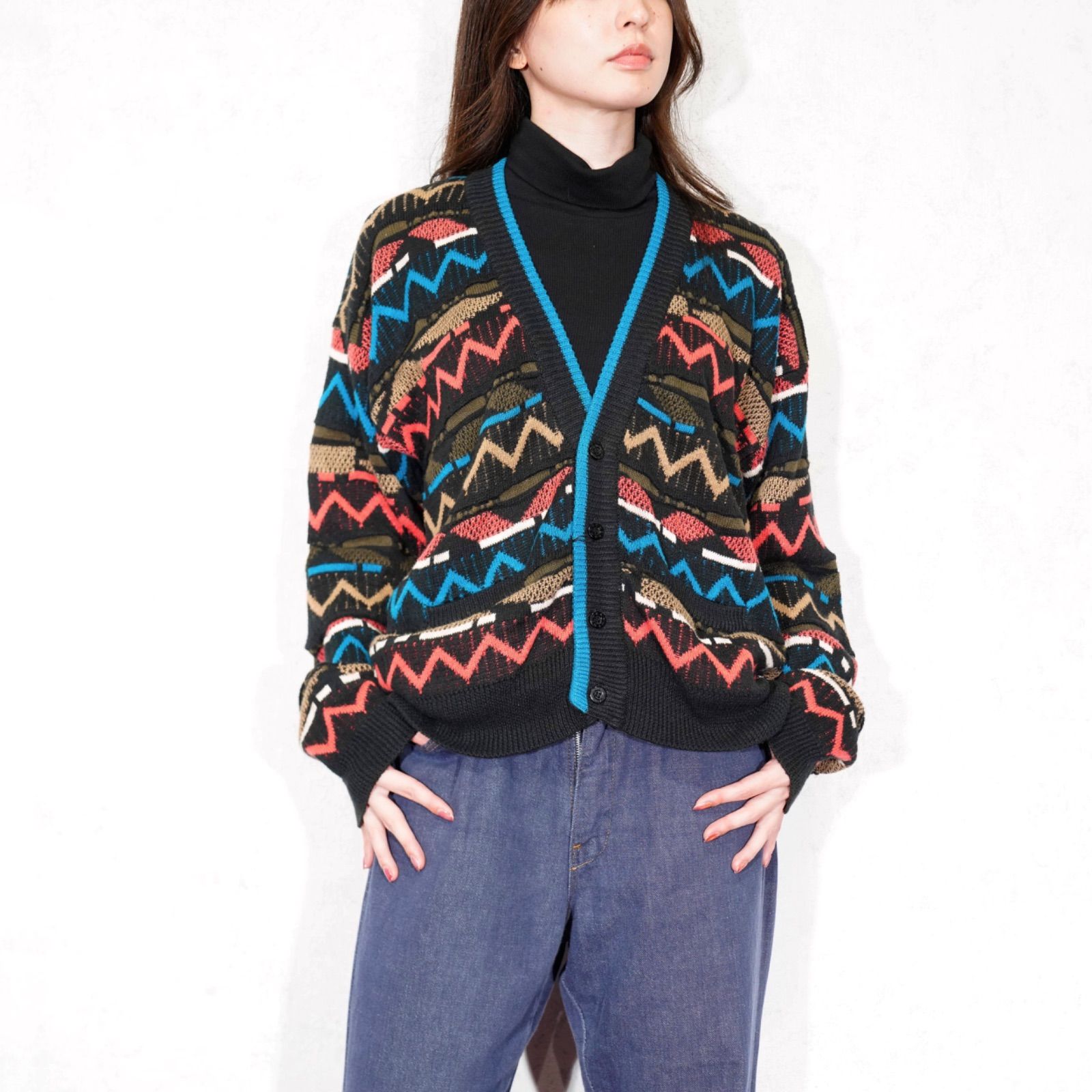 *SPECIAL ITEM* USA VINTAGE GENERRA PATTERNED DESIGN 3D KNIT CARDIGAN|アメリカ古着柄デザイン3Dニットカーディガン