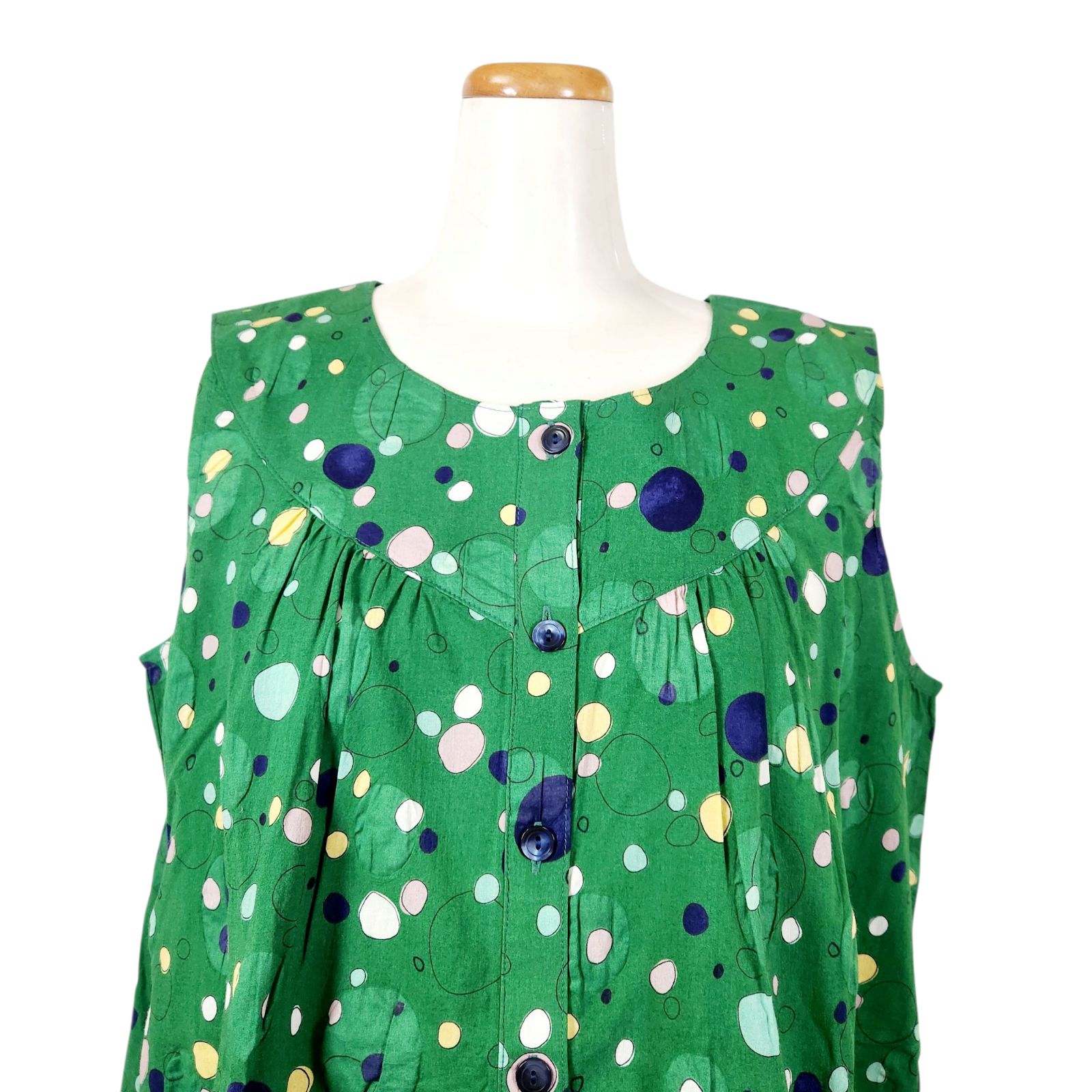夏物入荷 鴨居羊子 TUNIC ヨーク切り替えワンピース ノースリョークＮサッカー水玉 グリーン色 66627