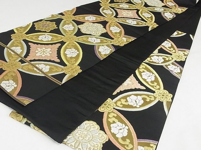 平和屋本店□極上 西陣 川島織物 六通柄 本袋帯 唐織 花七宝文 黒地