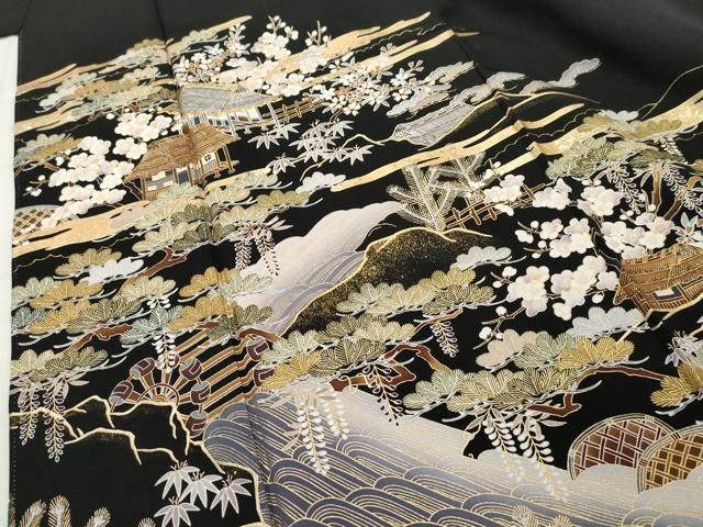 平和屋着物□豪華黒留袖 渡橋風景松竹梅文 金彩 正絹 逸品 AABB8558cs