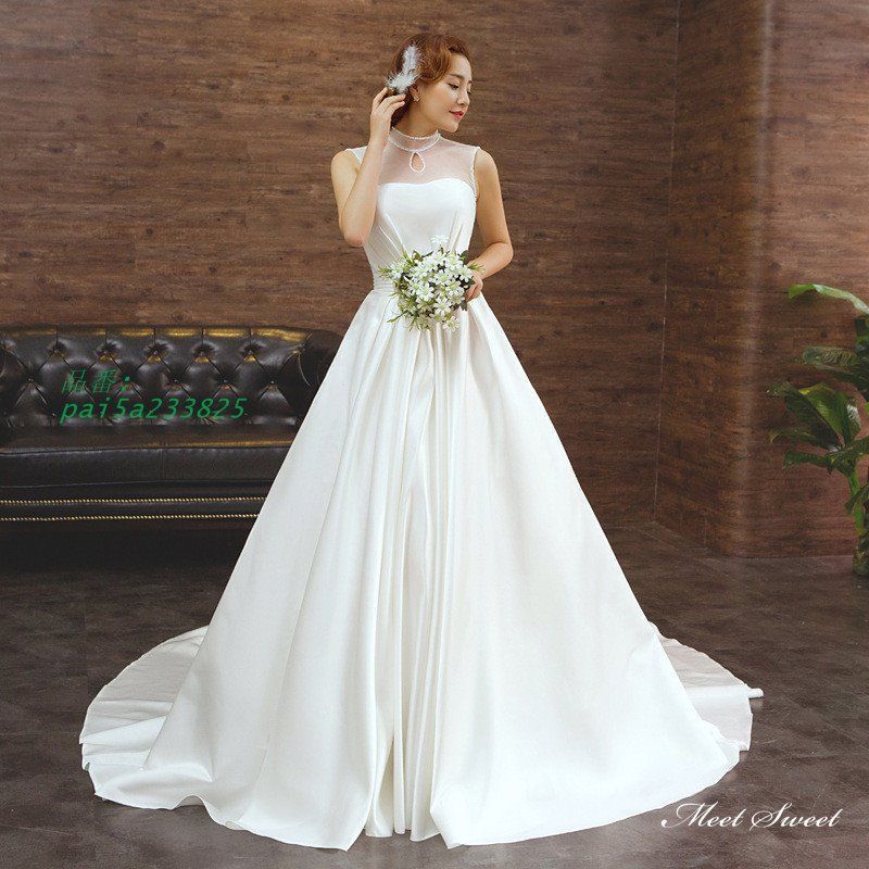 ウェディングドレス ロングドレス Aラインドレス ノースリーブ 二次会 ハイネック ウエディングドレス 花嫁 前撮り サテン ブライダル 挙式 結婚式 pai5a233825