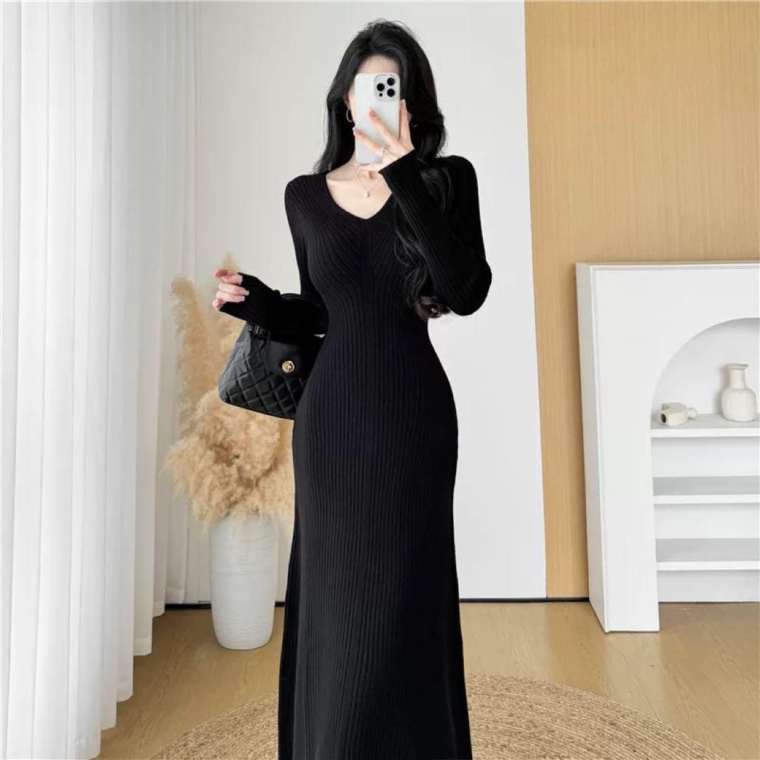 Vネックニットワンピース春のスリムフィットフィッシュテール 妖精的な高見えドレス
