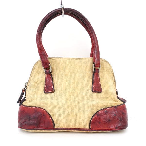 PRADA / プラダ ■ミニバッグ  キャンバス オーストリッチ ベージュ レッドブラウン ブランド 【中古】 PRADA / プラダ □ミニバッグ キャンバス オーストリッチ ベージュ