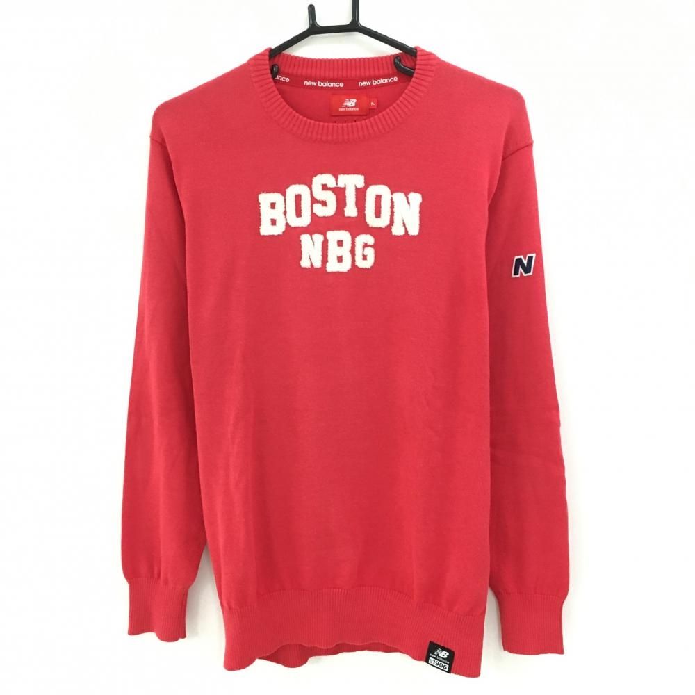 new balance golfセーター サイズ:7(2XL) ニューバランス セーター レッド×白 パイル地ロゴ ニット メンズ 7(2XL