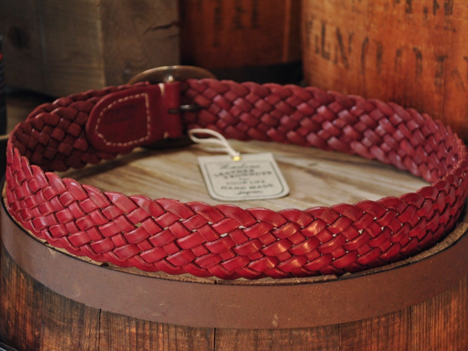 ZODIAC 40ミリ幅8本編みワイドメッシュベルト☆レッド☆本革製レザー  