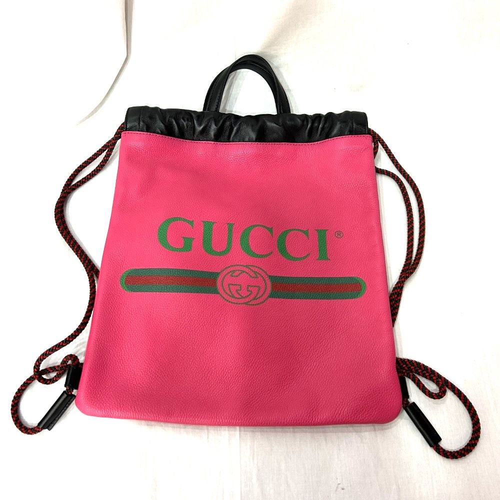 GUCCI グッチ ドローストリング リュックサック ピンク ロゴ レザー ...