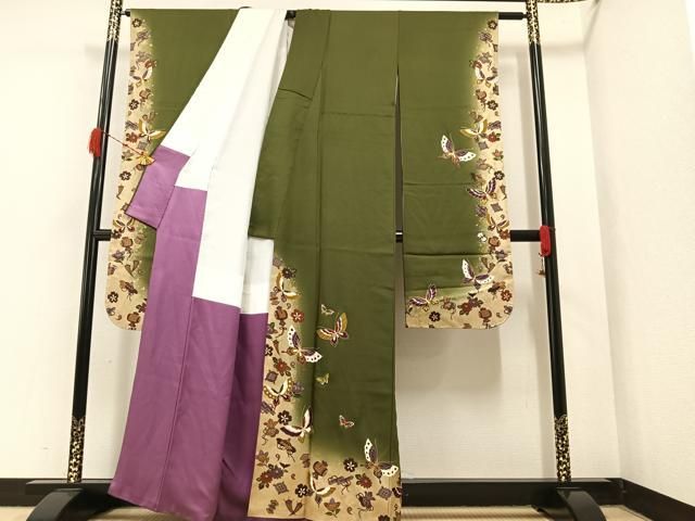 M955＋　D266 振袖　蝶　花模様　金彩　正絹　着物　袷　極美品 M955＋D266 振袖蝶花模様金彩正絹着物袷極美品