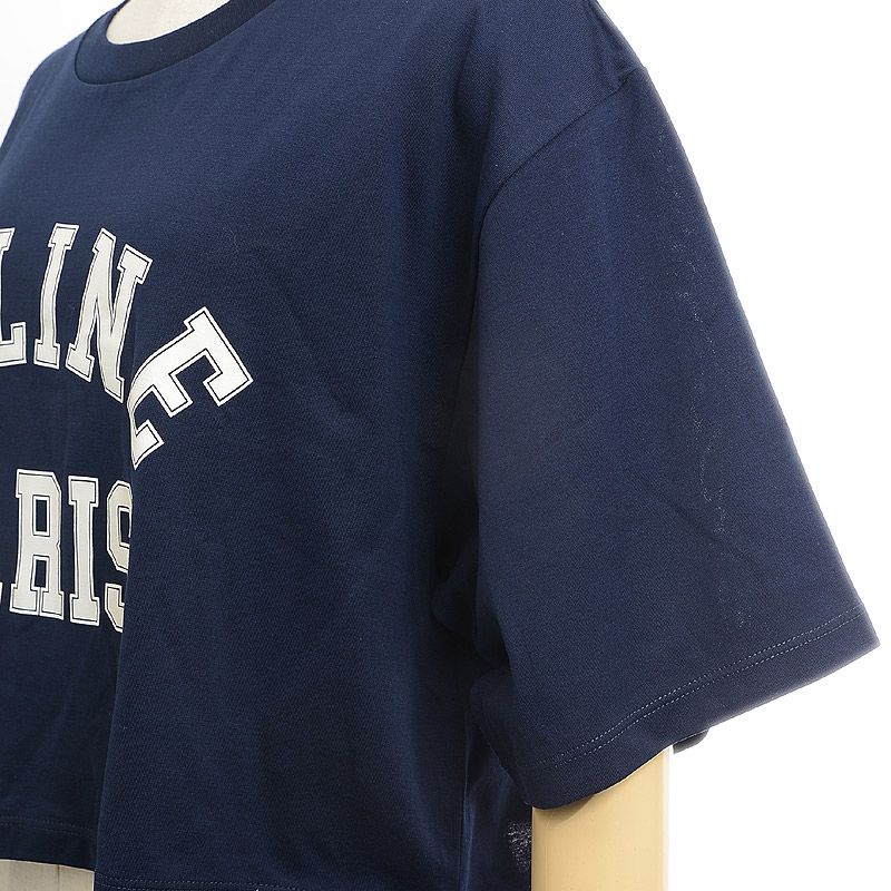 CELINE クロップドTシャツ ネイビー セリーヌ クロップド Tシャツ コットン ネイビー/ホワイト L