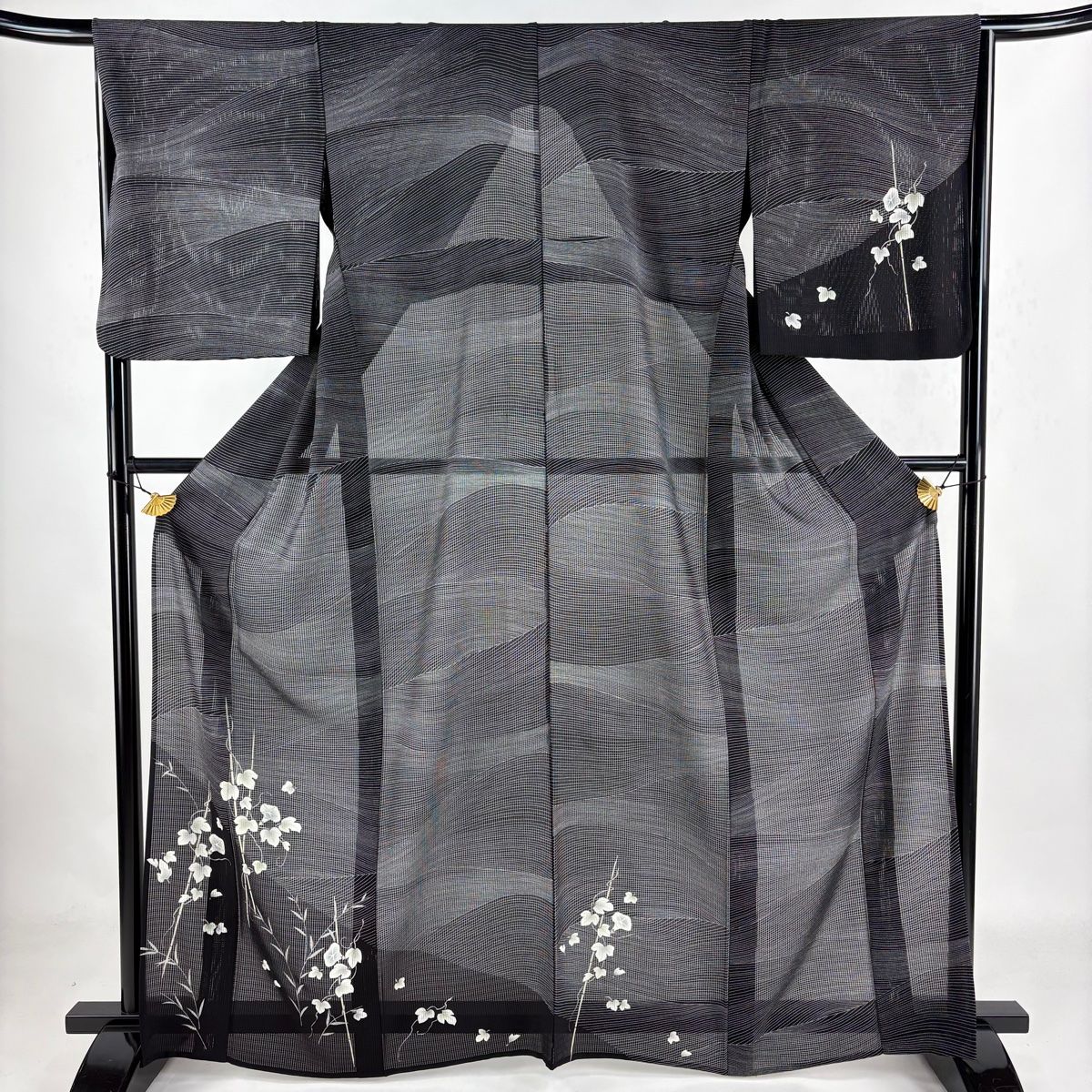 付下げ 身丈163cm 裄丈66cm M 薄物 縦絽 朝顔 銀彩 黒 正絹 名品