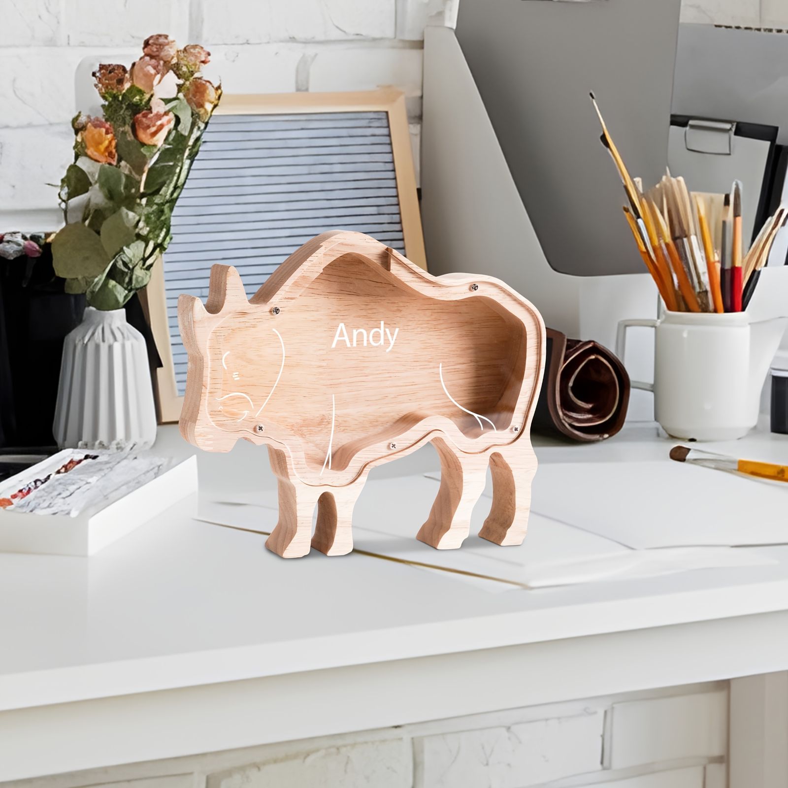 個人の「アンディ」名の木製貯金箱 - 耐久性のある牛の形状の